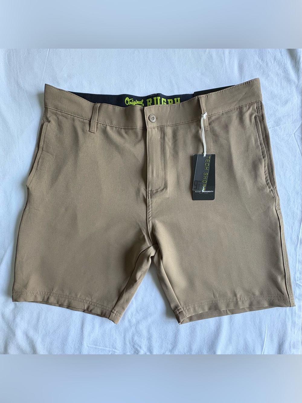 Rugby University Men’s Tech Shorts 38 Desert Khaki 4-Way Stretch NWT